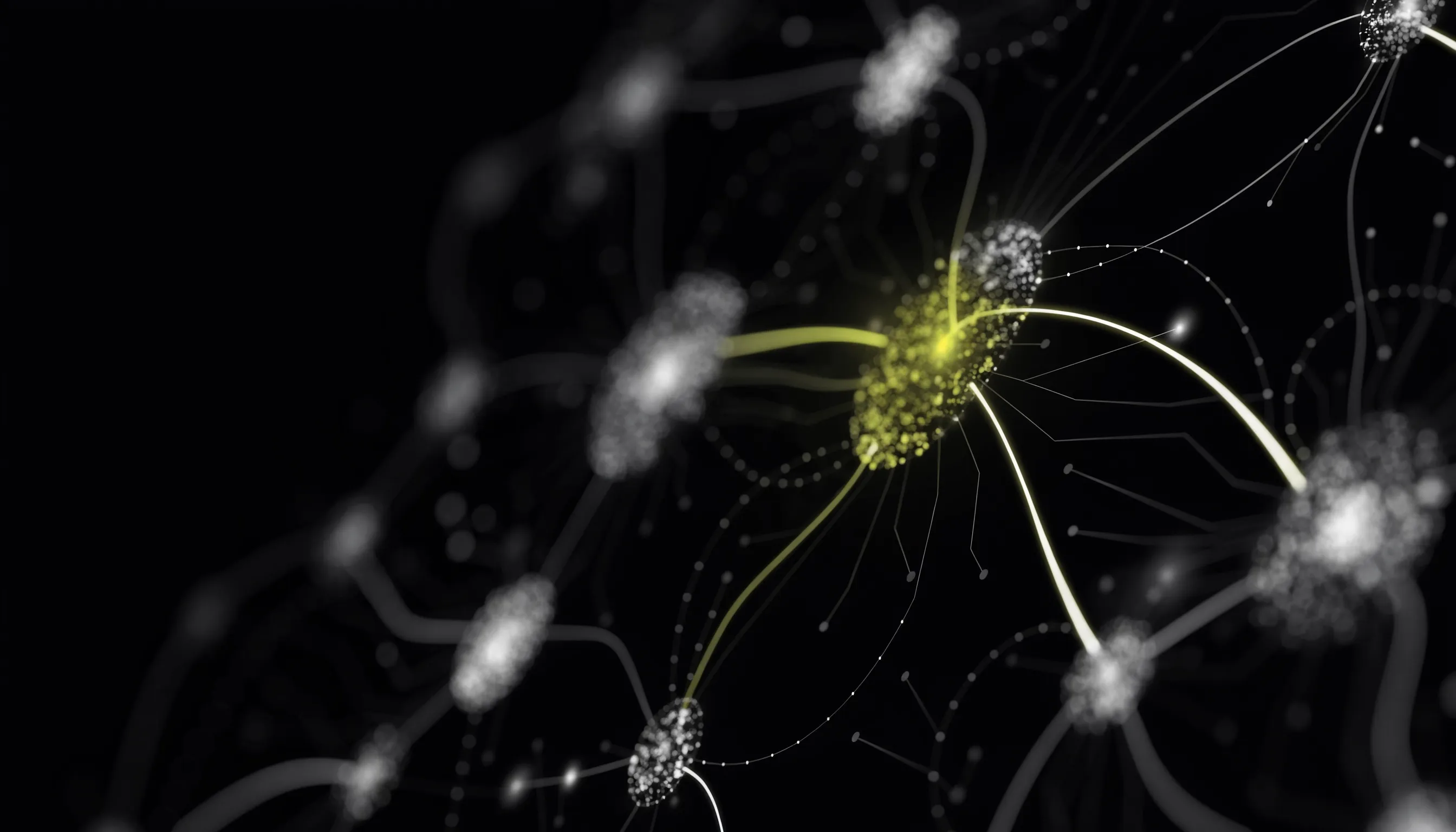 Abstrakte neuronale Struktur mit limefarbenem Akzent – visuelles Leitmotiv von Mentoria